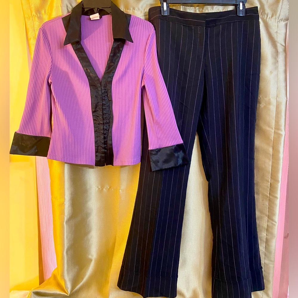 Size Large Blouse. Size 9 Pant. Rayon. Polyester. Spandex.